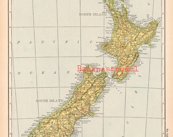 May include: A vintage map of New Zealand, showing the North and South Islands with major cities and towns labeled. The map is printed on a cream-colored paper with a grid pattern and includes a scale of statute miles and kilometers.