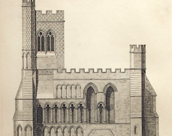 1845 Rare Large English Antique Engraving of British Architectural Gems. Norman Era. Dunstable Priory Church, Bedfordshire Plate 40