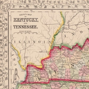 Carte ancienne du Kentucky et du Tennessee coloriée à la main par Mitchell, 1867