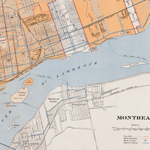 ケベック州モントリオールの大型アンティーク地図 - 1915 年のヴィンテージ市街地図 - 旧市街地図