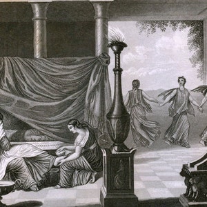 1860 Antiker Stahlstich - Platte 8 - Häuser und Zeremonien der Römer und Griechen - Stahlstich