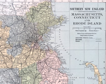 Gran mapa antiguo del sur de Nueva Inglaterra: Massachusetts, Connecticut y Rhode Island. Mapa antiguo de 1919.