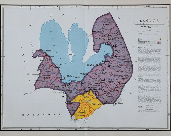 1959 Large Rare Vintage Map of Laguna, the Philippines - San Pablo ...