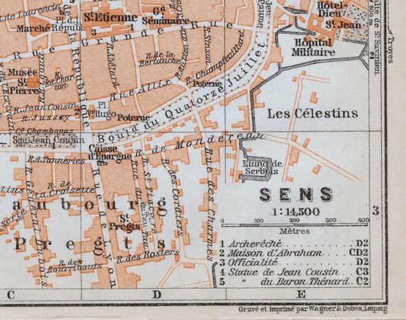 Antique Map of Sens, France - 1905 Vintage City Map - Old