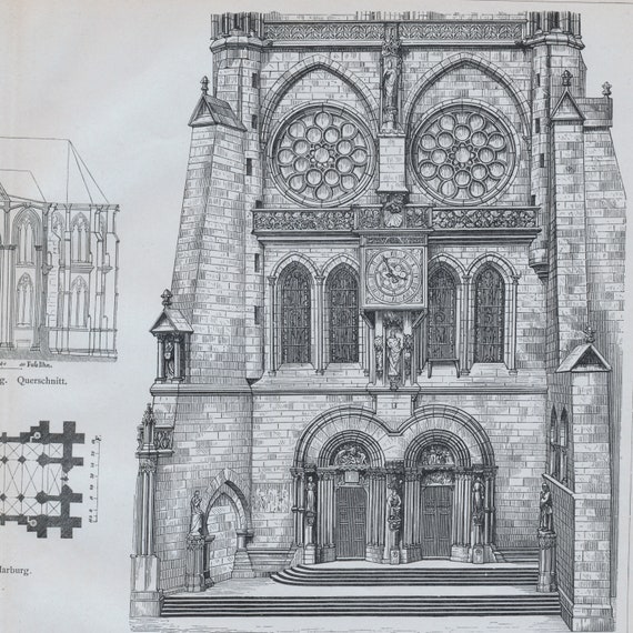 1886 Antique Print on Medieval Architecture - Strasbourg Cathedral
