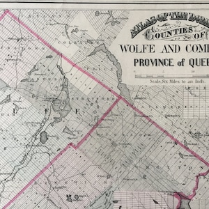 Carte du Québec antique - Wolfe - Compton - Estrie - 1876 grande carte colorée à la main rare