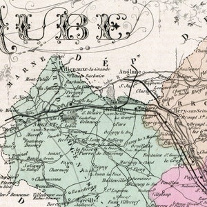 1883 Antike Karte von Aube, Frankreich - Hand gefärbt - Vintage illustrierte Karte