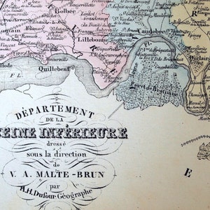 Ancienne carte coloriée à la main des années 1800 représentant le département de la Seine inférieure, France, avec un médaillon représentant Rouen