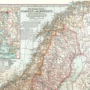 Carte ancienne de la Norvège et de la Suède - en médaillons représentant Kristiania (Oslo) et Stockholm - Atlas de 1911 siècle