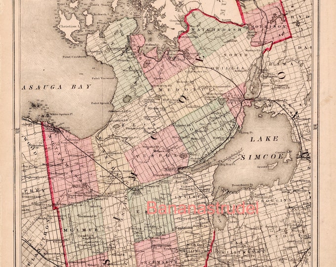 1875 Rare Antique Hand Coloured Map of the County of Simcoe, Ontario ...