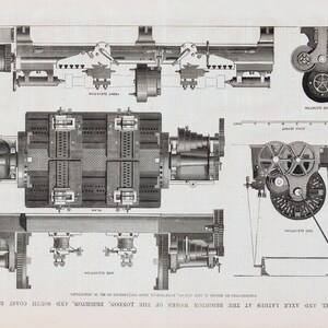 May include: A detailed technical illustration of a wheel and axle lathe, showing the various components and mechanisms. The drawing is labeled "Wheel and Axle Lathes at the Brighton Works of the London, Brighton, and South Coast Railway."