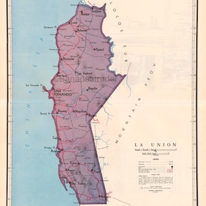 La Union, Philippines - RARE grande carte vintage de 1959 - San Fernando - Luna - Bangar - Sudipen - Bacnotan - Bauang - Naguilan