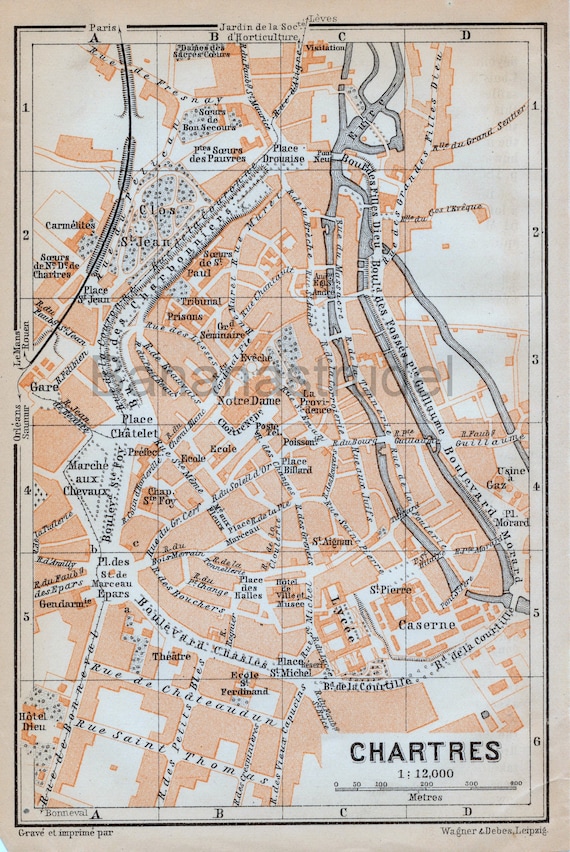 フランス、シャルトルのアンティーク地図 - 1905 年のヴィンテージ