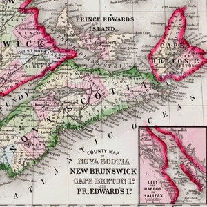 Ancienne carte Mitchell coloriée à la main de 1867 de la Nouvelle-Écosse, du Nouveau-Brunswick, de l'Île-du-Prince-Édouard et du Cap-Breton - Carte des Maritimes