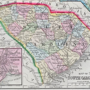 Ancienne carte Mitchell coloriée à la main de 1867 représentant la Caroline du Nord - Caroline du Sud - Floride