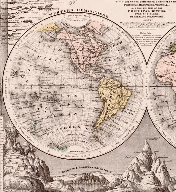 アンティーク世界地図 - 半球 - 1880年 手彩色地図 - 手彩色 - Etsy 日本