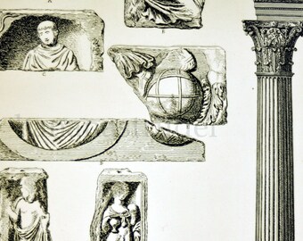 1845 Rare Large English Antique Engraving of British Architectural Gems. More Fragments of a Roman Temple at Bath 3. Plate 10