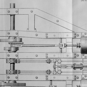 May include: A detailed black and white illustration of a steam engine mechanism. The illustration shows the intricate workings of the engine, including the piston, connecting rod, and flywheel.