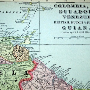 1901 Antique Map of Colombia, Ecuador, Venezuela, and Guiana - Colourful Map
