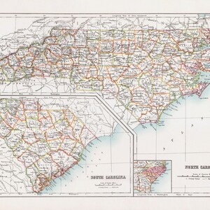 Large Antique Map of North and South Carolina - Published 1890
