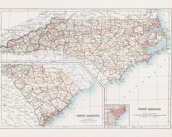 Pode incluir: Um mapa vintage da Carolina do Norte e da Carolina do Sul, mostrando os limites dos condados e as principais estradas. O mapa é impresso em preto, vermelho, verde e amarelo sobre um fundo branco. O mapa inclui uma barra de escala e uma rosa dos ventos.