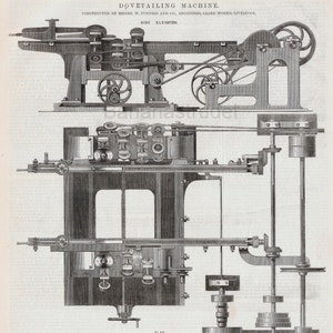 May include: A black and white illustration of a dovetailing machine. The machine has a side elevation and a plan view. The machine is constructed by Messrs. W. Furness and Co., Engineers, Globe Works, Liverpool.