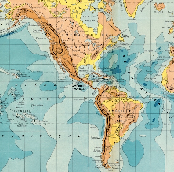 アンティーク世界地図 - 1923年版大型地形図 - 気候 - 植生 - 海流