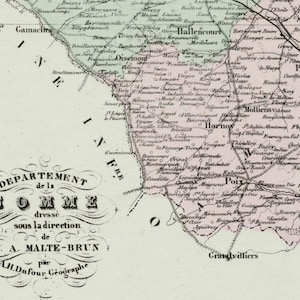 1800er Antike Karte von Somme, Frankreich - Einschub von Amiens - Amiens Antique Map - Frankreich Antike Karte - französische handkolorierte Karte