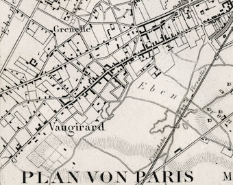 1860 Antique Map of Paris - Black and White Paris Map