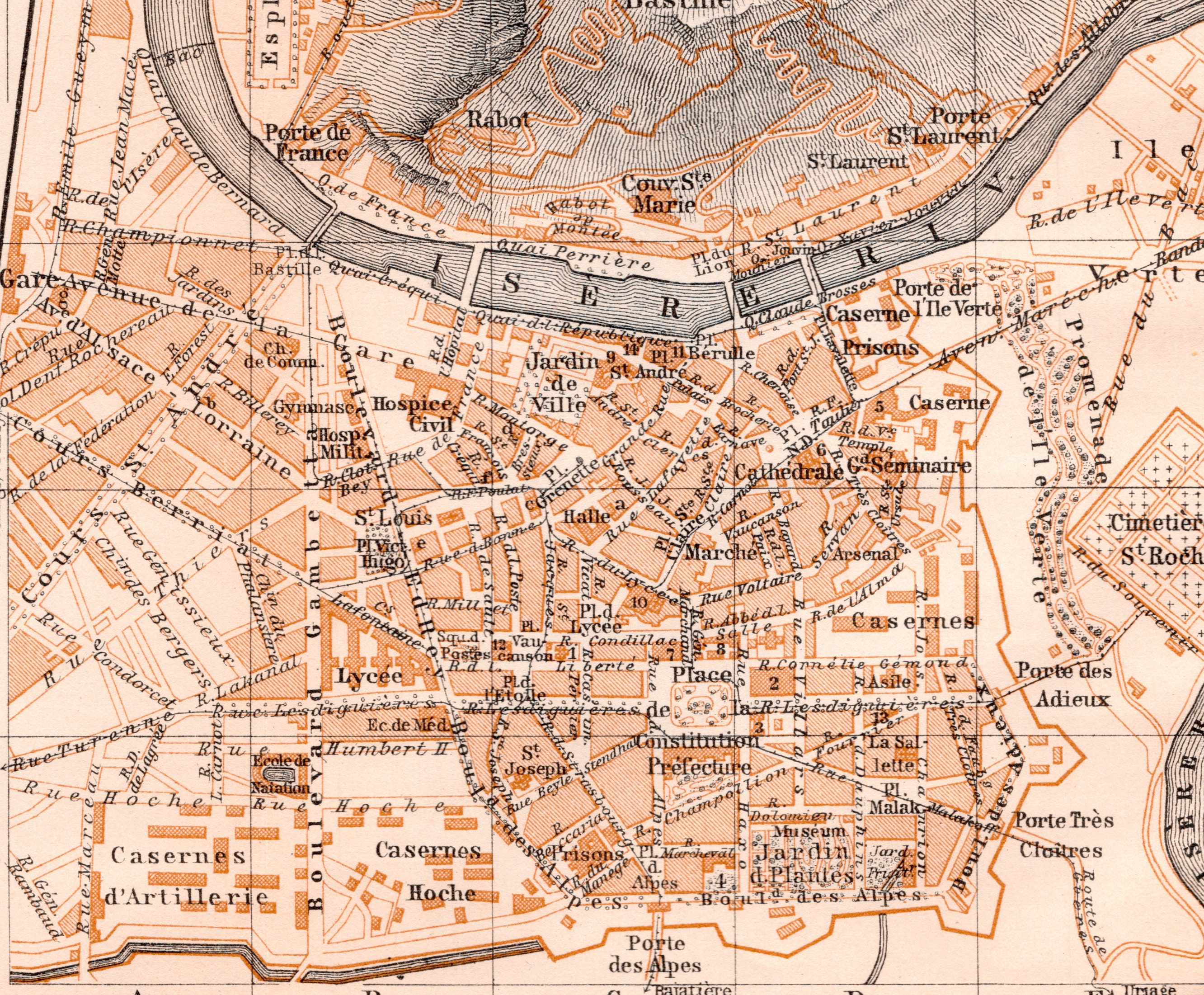 フランスアンティーク　MAP Antique Map of Grenoble, France - Small 1907 City Map - Etsy