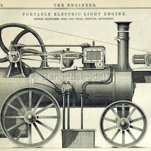 May include: A black and white illustration of a portable electric light engine. The engine has a large wheel, a boiler, and a chimney. The text "PORTABLE ELECTRIC LIGHT ENGINE" is printed above the image. The text "MESSES, RANSOMES, SIMS, AND HEAD, IPSWICH, ENGINEERS" is printed below the image.