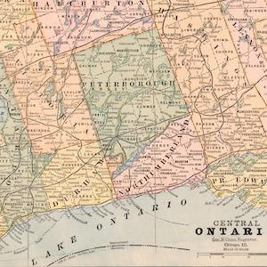 Antike Karte von Zentral-Ontario, Kanada - Antike Karte von Ontario (Zentral) - Große doppelseitige Karte - Publiziert 1888