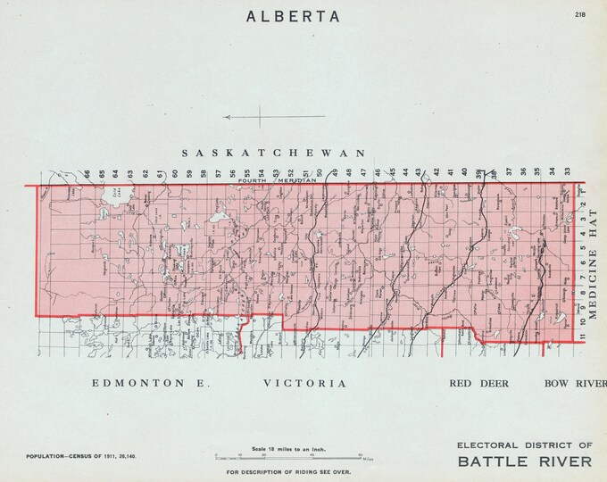 1915 Antique Map of Battle River, Alberta, Canada Vintage Electoral Map