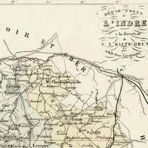 Ancienne carte de l'Indre, France - avec l'encart de Châteauroux - coloriée à la main - carte vintage française des années 1800