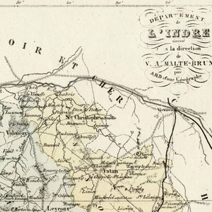 Antique Map of Indre, France With Inset of Châteauroux Handcolored 1800s French Vintage Map image 1
