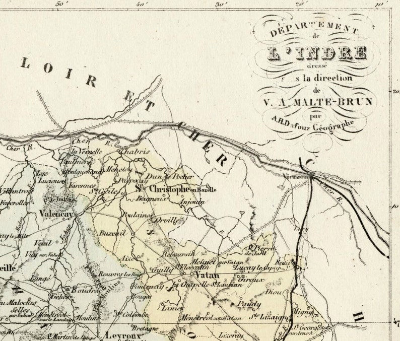Antique Map of Indre, France With Inset of Châteauroux Handcolored 1800s French Vintage Map image 1