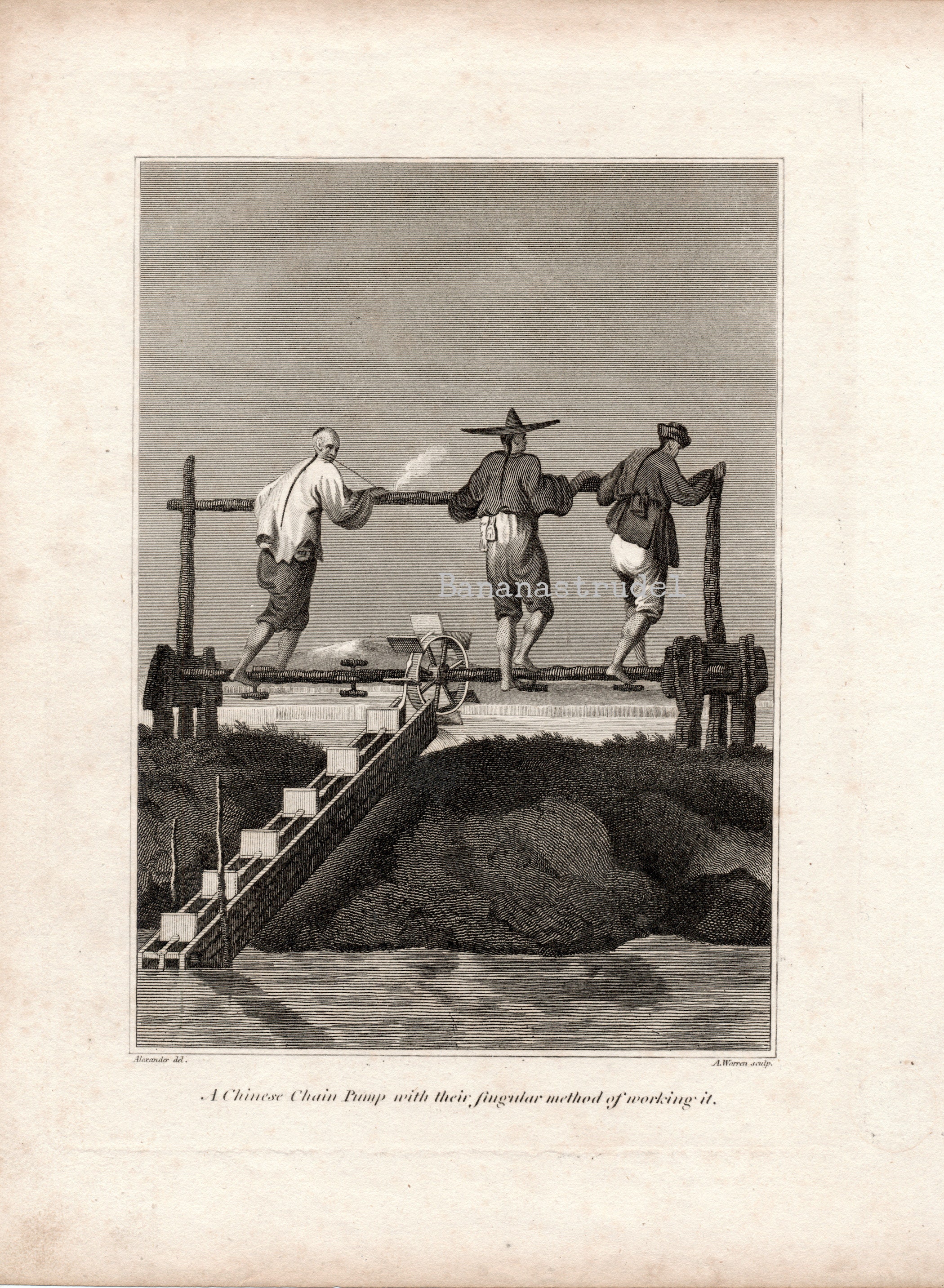 1801 Antique Print of Chinese Engineering - A Chinese Chain Pump With ...