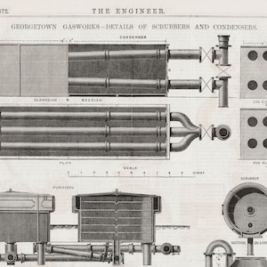 May include: A black and white illustration of a gasworks system, showing the details of scrubbers and condensers. The illustration includes a plan view, elevation, and section views of the system. The text "GEORGETOWN GASWORKS-DETAILS OF SCRUBBERS AND CONDENSERS." is at the top of the illustration.