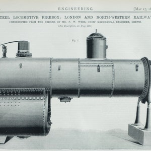 1889 Antique Engineering Drawing of Steel Locomotive Firebox London and Northwestern Railway Victorian Technical Print May 17, 1889 image 1
