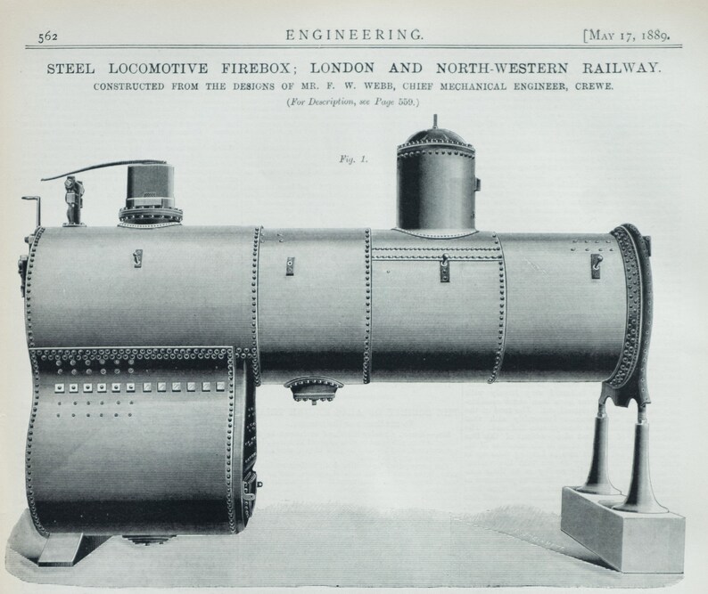 1889 Antique Engineering Drawing of Steel Locomotive Firebox London and Northwestern Railway Victorian Technical Print May 17, 1889 image 1
