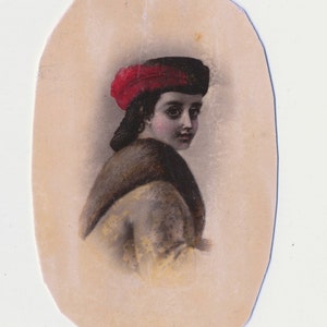 1860s - 1870s Antique Hand-coloured CDV Photograph. Girl in a Red Hat