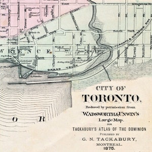 Rare carte ancienne de Toronto, Ontario, 1875 - Carte des rues de Toronto coloriée à la main