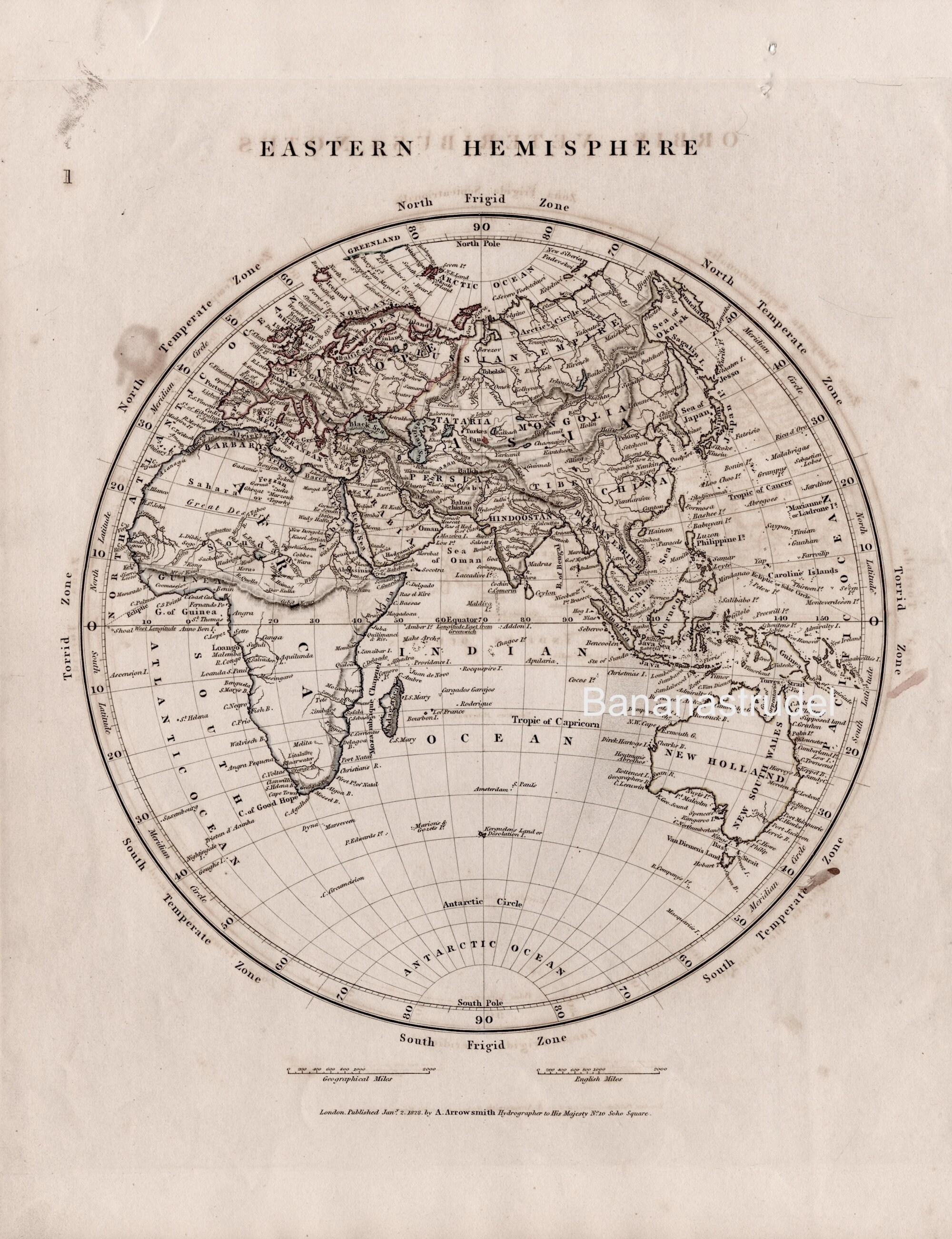 1828年製アンティーク世界地図 - 東半球 - アフリカ、ヨーロッパ