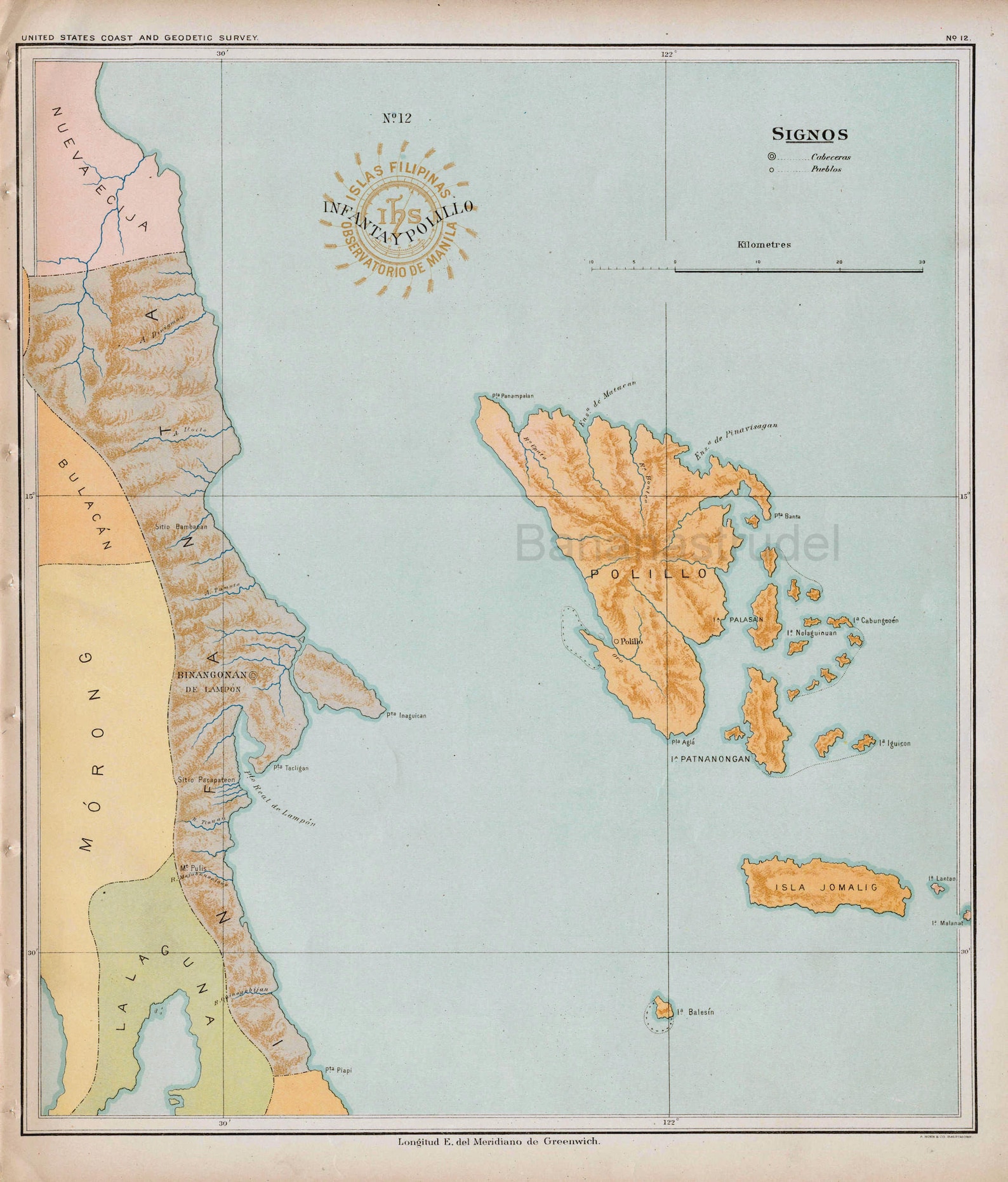 1900 Rare Antique Map of Infanta and Polillo Island, Quezon ...