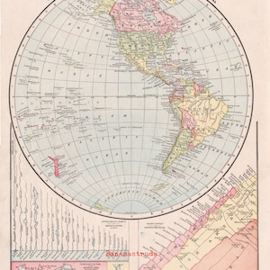 Ancienne carte illustrée du monde - Hémisphère occidental - Carte de 1906 - Montagnes - Rivières - Amérique du Nord - Amérique du Sud - Amérique centrale