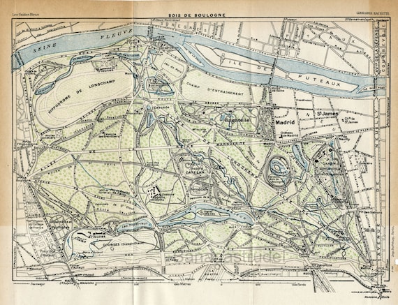 1929 年フランス、パリのブローニュの森のアンティーク地図