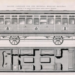 May include: A black and white illustration of a saloon carriage for the Imperial Mexican Railway. The carriage is shown in both a side view and a top view. The side view shows the carriage with its windows, doors, and wheels. The top view shows the interior of the carriage, with its seats and other furnishings.