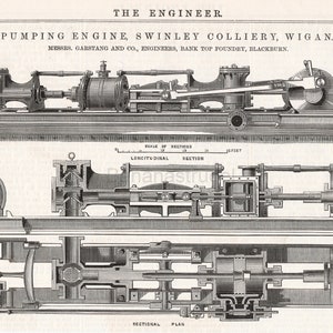 May include: A black and white illustration of a pumping engine, showing a side view and a cross-section. The illustration is labeled "Pumping Engine, Swinley Colliery, Wigan." and "Messrs. Garstang and Co., Engineers, Bank Top Foundry, Blackburn."