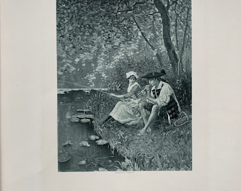 Large Antique Print – The Young Fishers – Charles Delort - Signed in the plate - Published 1895