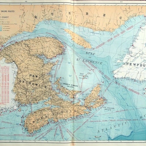 1915 Große antike Karte von Kanälen, Leuchttürmen und Segelwege an der Atlantikküste - Maritimes